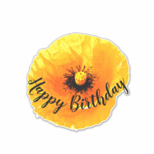 Happy Birthday Floral Poppy Flower Golden Yellow Sticker
