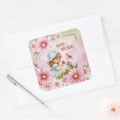 Happy Birthday Floral Vintage Girl Square Sticker (Enveloppe)