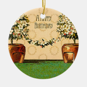 Happy Birthday Flowering Pots Keramisch Ornament