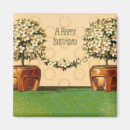 Happy Birthday Flowering Pots Magnet Magneet (Voorkant)