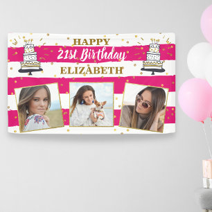 Happy Birthday Foto Collage Pink Gold Dot op elke  Spandoek