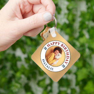 Happy Birthday Foto Gold Elegant personaliseer Sleutelhanger