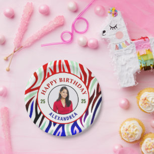 Happy Birthday Foto kleurrijke stripes personalise Papieren Bordje