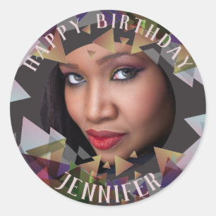 Happy Birthday FOTO Stickers Mauve Taupe Polygon