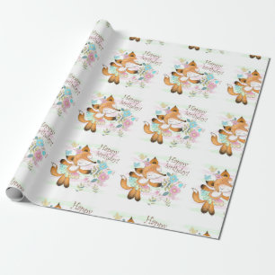Happy Birthday Fox en Flowers Cadeaupapier