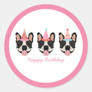 Happy Birthday French Bulldog Party Petten Roze Ronde Sticker