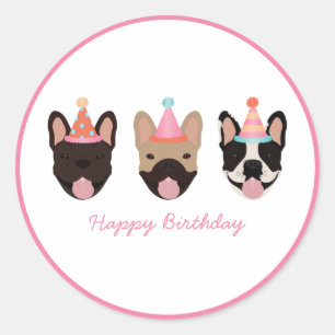 Happy Birthday French Bulldog Party Petten Roze Ronde Sticker