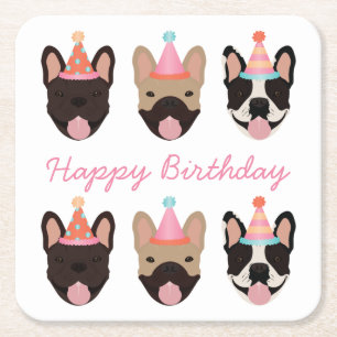 Happy Birthday French Bulldog Party Petten Roze Vierkante Kartonnen Onderzetter