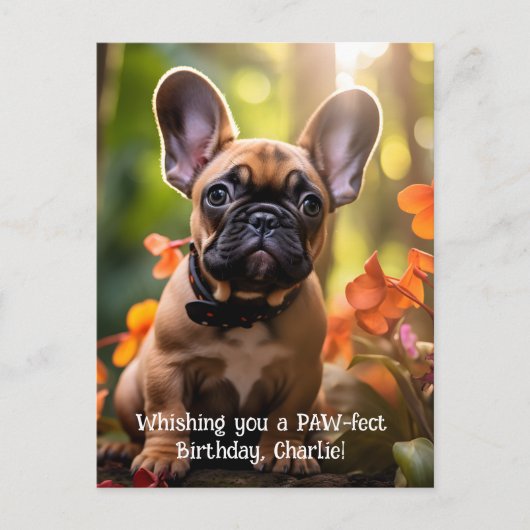 Happy Birthday Frenchie puppy in een oerwoud Briefkaart (Voorkant)