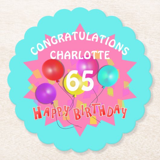 Happy Birthday Fun 65th Milestone Specialized Kartonnen Onderzetters (Voorkant)