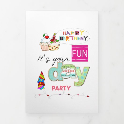 Happy Birthday FUN Cupcake Tri-Fold Kaart (Cover)