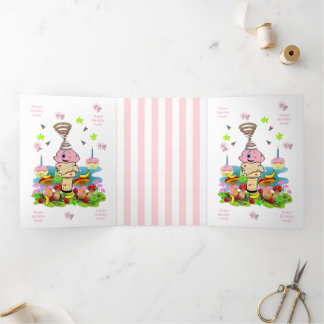 Happy Birthday FUN Pink Cakecupake Tri-Fold Card Drieluik Kaart