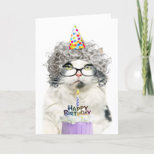 Happy Birthday Funny Old Lady Cat in Party Pet Feestdagen Kaart