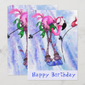 Happy Birthday - Funny Pink Flamingo Skier (Voorkant / Achterkant)