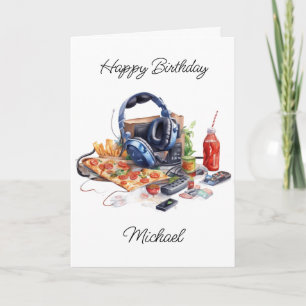 Happy Birthday Gepersonaliseerde Gaming en Pizza Kaart