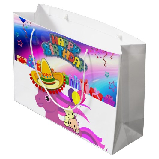 Happy Birthday Gift Bag Pony Kittens Groot Cadeauzakje (Achterkant Gekanteld)