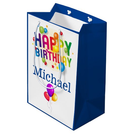 Happy Birthday Gift Bag Voeg de Naam van de Ontvan Medium Cadeauzakje (Achterkant Gekanteld)