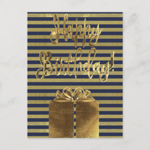 Happy Birthday Gift Blue Gold Typography Striped Briefkaart