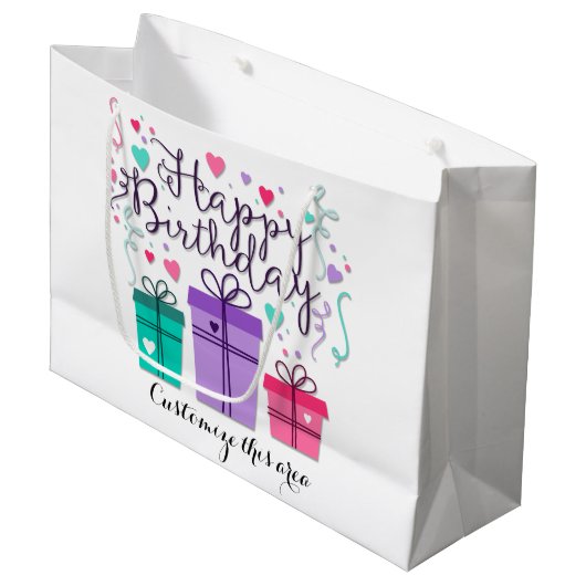 Happy Birthday Gift Boxes op White Customize Groot Cadeauzakje (Voorkant Gekanteld)