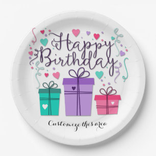Happy Birthday Gift Boxes op White Customize Papieren Bordje
