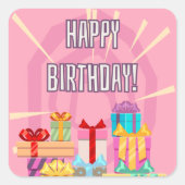 Happy Birthday Gifts op roze Square Sticker (Voorkant)
