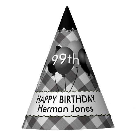 Happy Birthday Gingham Controleert Pattern Black/W Feesthoedjes (Voorkant)