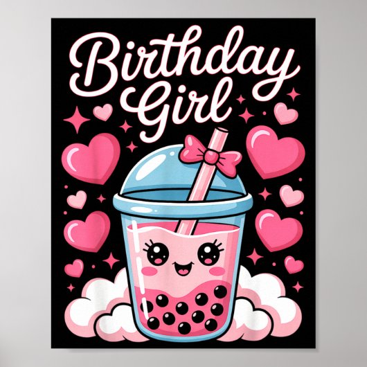 Happy Birthday Girl Cute Nk Bow Bubble Boba Tea An Poster (Voorkant)