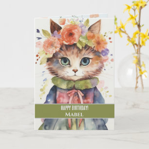 Happy Birthday Girl Tabby Cat Wide Eyes Bloemen Kaart