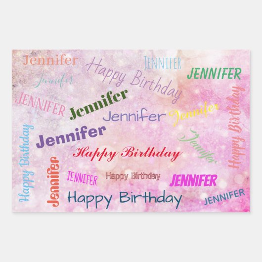 Happy Birthday Girly Custom Name roze Inpakpapier Vel (Voorkant 2)
