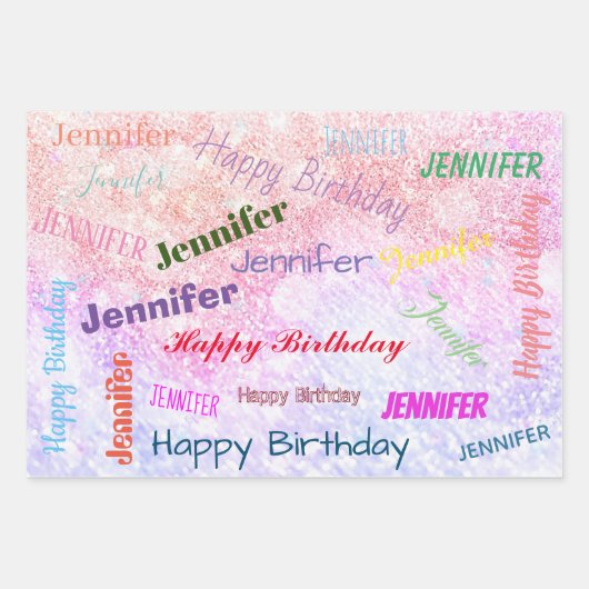 Happy Birthday Girly Custom Name roze Inpakpapier Vel (Voorkant)