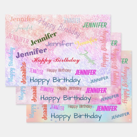 Happy Birthday Girly Custom Name roze Inpakpapier Vel (Set)