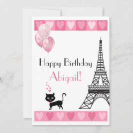 Happy Birthday Glitter Pink Heart Eiffel Tower Cat