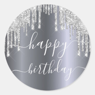 Happy Birthday glitter zilverglans Ronde Sticker