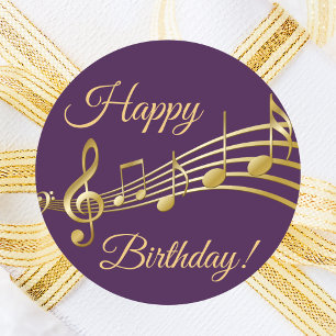 Happy Birthday Gold muzieknoten op elegant paars Ronde Sticker