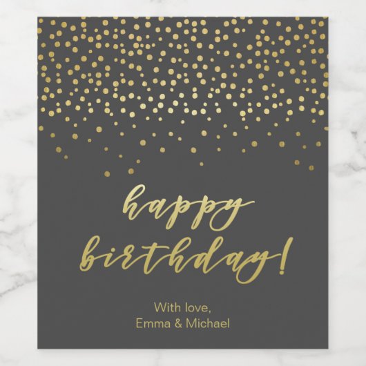 Happy Birthday - Gold Script & Confetti Wijn Etiket (Enkel label)