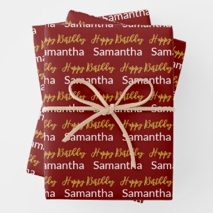 Happy Birthday Gold Script Donker Rood en Wit Naam Inpakpapier Vel