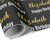Happy Birthday Gold Script Name Black and White Cadeaupapier (Rol Hoek)