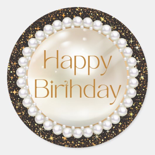 Happy Birthday Gold Script Parels Zwart Glitters Ronde Sticker (Voorkant)