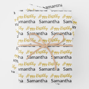 Happy Birthday Gold Script Wit Zwart Naam Inpakpapier Vel