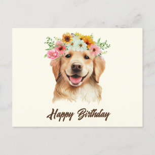 Happy Birthday Golden Retriever Dog with Flowers  Briefkaart