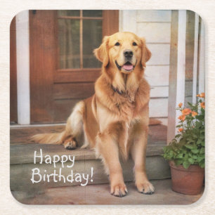 Happy Birthday Golden Retriever Vierkante Kartonnen Onderzetter