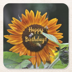 Happy Birthday Golden Sunflower Vierkante Kartonnen Onderzetter