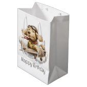 Happy Birthday Goldendoodle Dog Pilot Airplane Medium Cadeauzakje (Voorkant Gekanteld)