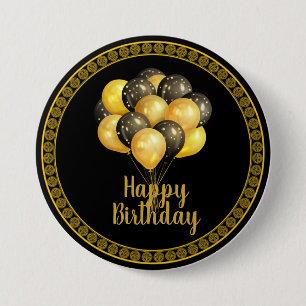 Happy Birthday, goud en zwart, Ronde Button 7,6 Cm