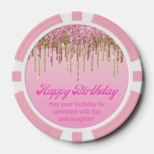 Happy Birthday Goud Roze Dripping Glitters Stijlvo Poker Chips (Voorkant)