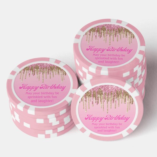 Happy Birthday Goud Roze Dripping Glitters Stijlvo Poker Chips (Opstapeling)