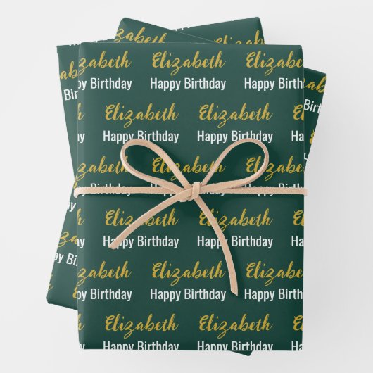 Happy Birthday Gouden Script Naam Deep Green Inpakpapier Vel (In situ)