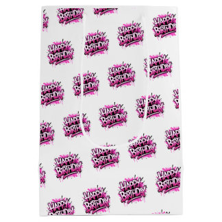 Happy Birthday Graffiti Pink & White Bag Medium Cadeauzakje