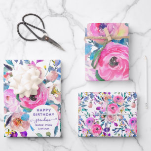 Happy Birthday Grandma Floral Inpakpapier Vel