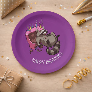 Happy Birthday Greedy Raccoon Cake Cartoon Papieren Bordje